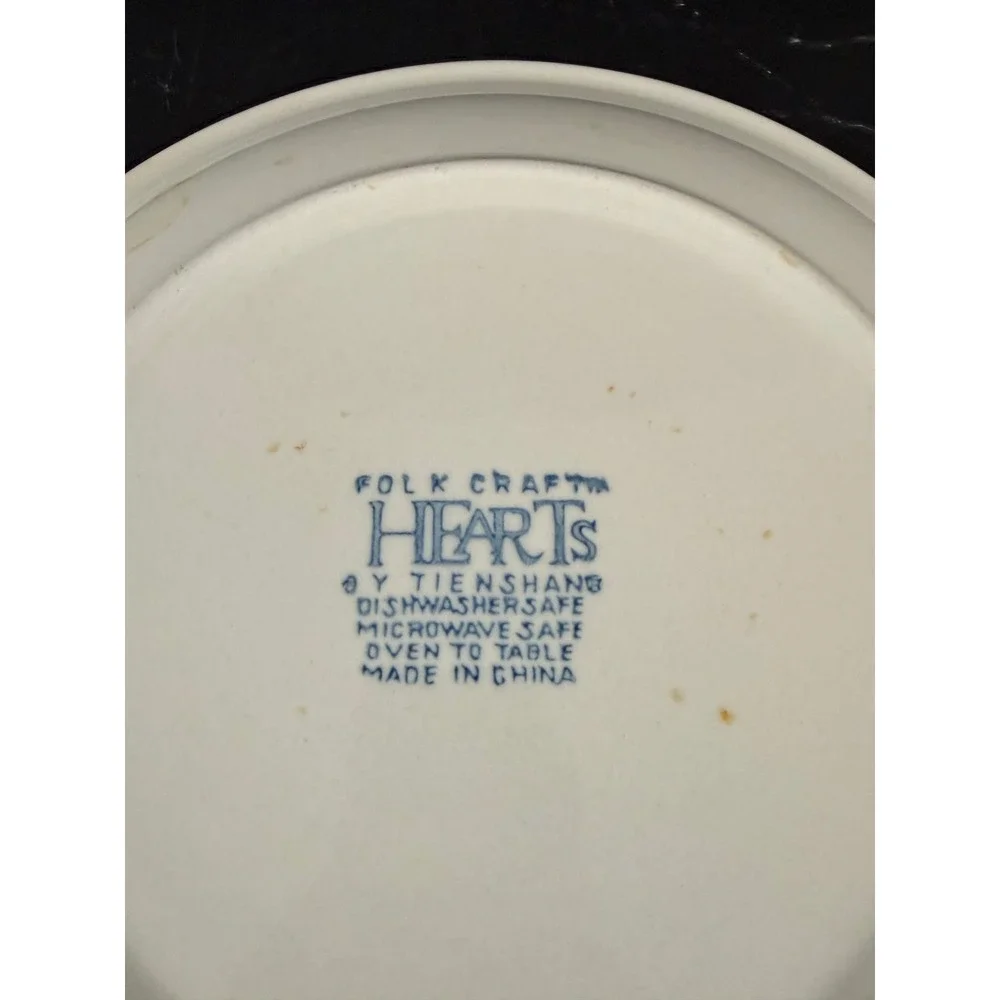 VTG Tienshen Folk Craft Hearts Blue White Spongeware 10 1/4in Dinner Plate READ